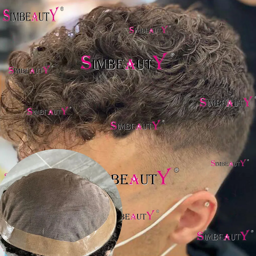 

20MM Curly Super Durable Mono Toupee Mens Wigs Brown Black Human Hair Man Capillary Prosthesis Weave Unit Replacement For Male