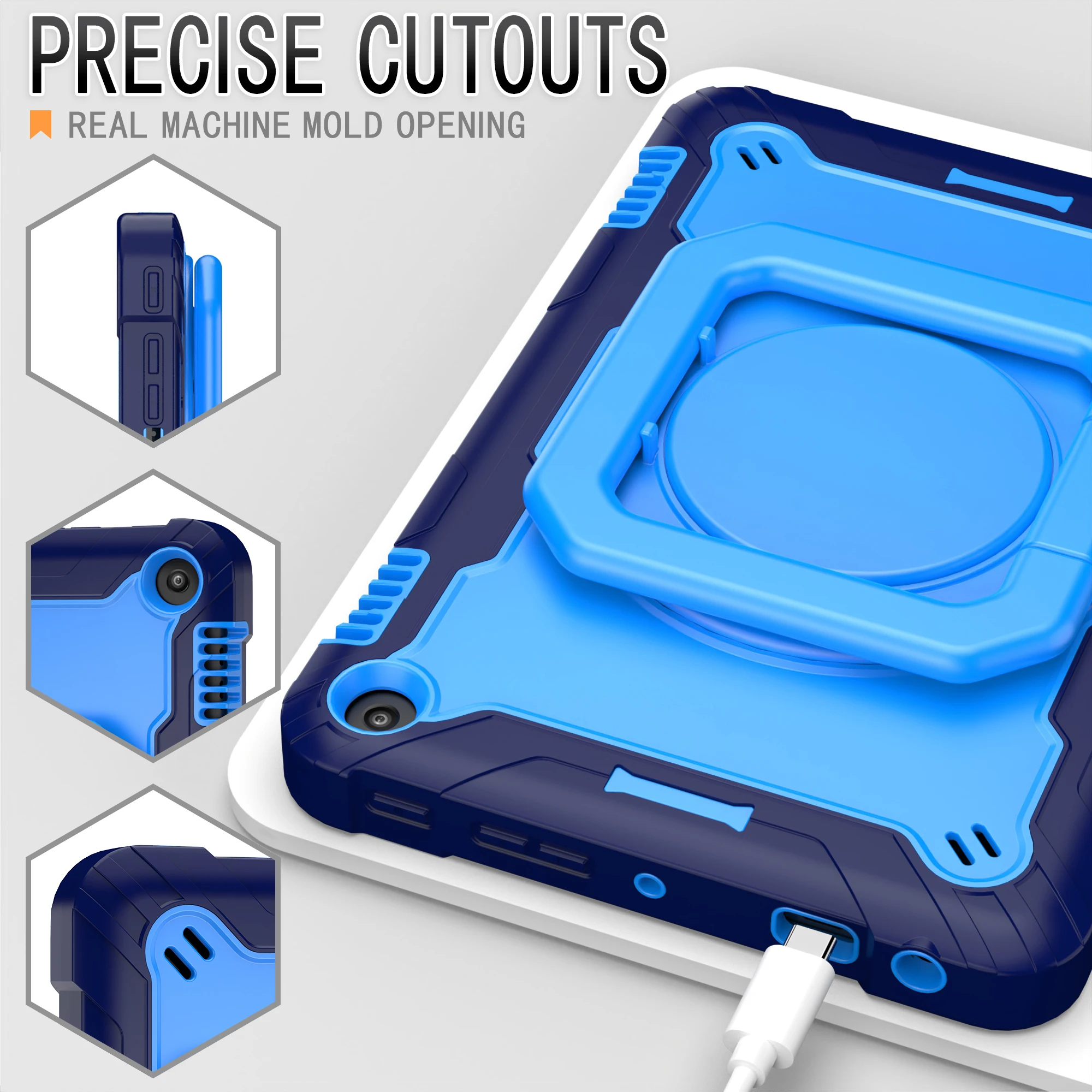 Durable Dropproof Tablet Case with 360° Swivel Holder and Shoulder Straps, Contrasting Design