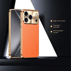 Premium Cowhide Lychee Texture Electroplated Frame Case with Lens Protection - iPhone 15 (Orange)