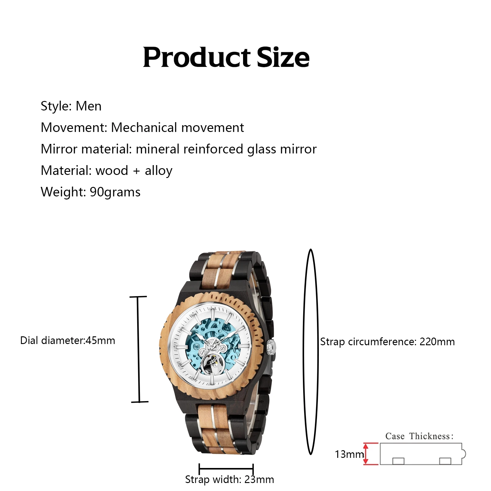Men Wooden Mechanical wristwatches, Casual Fashion Luminous Waterproof Analog Skeleton Watch, Adjustable Strap Best Gift for Men