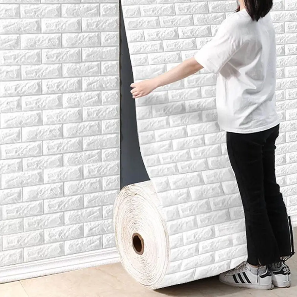 วอลเปเปอร์ติดผนังลายอิฐสามมิติ ขนาด 70 ซม. x 1 ม. แบบม้วน สีขาว สำหรับตกแต่งห้องนั่งเล่น ทำจากโฟมกันน้ำ ติดตั้งง่ายด้วยตัวเอง 1