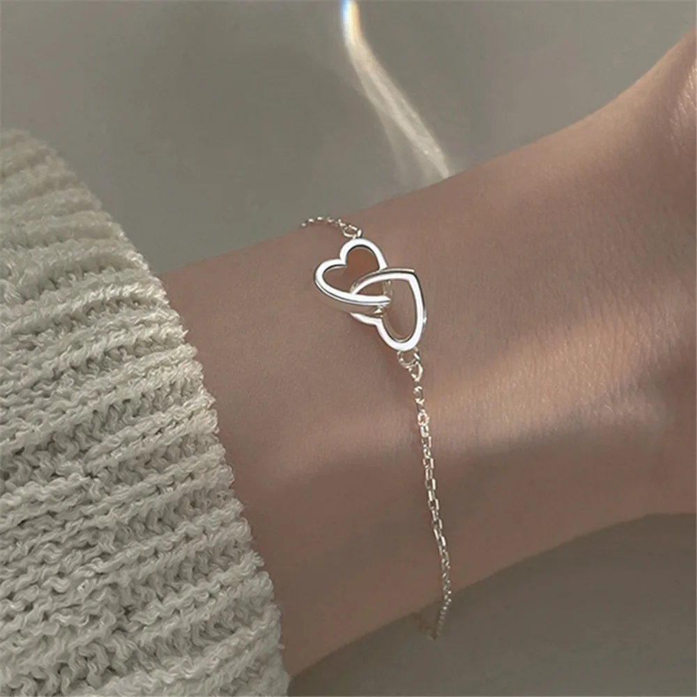 

Korean Ins Silver Color Double Heart Bracelet Bangle For Women Fine Fashion Jewelry Wedding Party Gift Metal Heart Bracelet