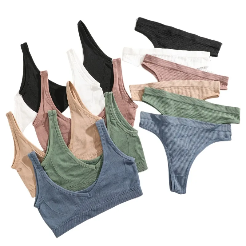 Seamless Bras Set Women Vneck Bralette Top Low Waist Thong Panties Wireless Brassiere Sexy Lingerie Set Female Ribbed_voghion.com