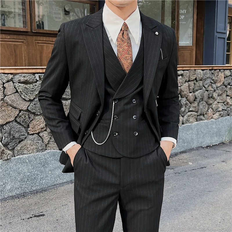 

2023 Fashion New Men Leisure Boutique Double Breasted Plaid Waistcoat Suit Pants 3Pcs Set Dress Blazers Jacket Coat Trousers