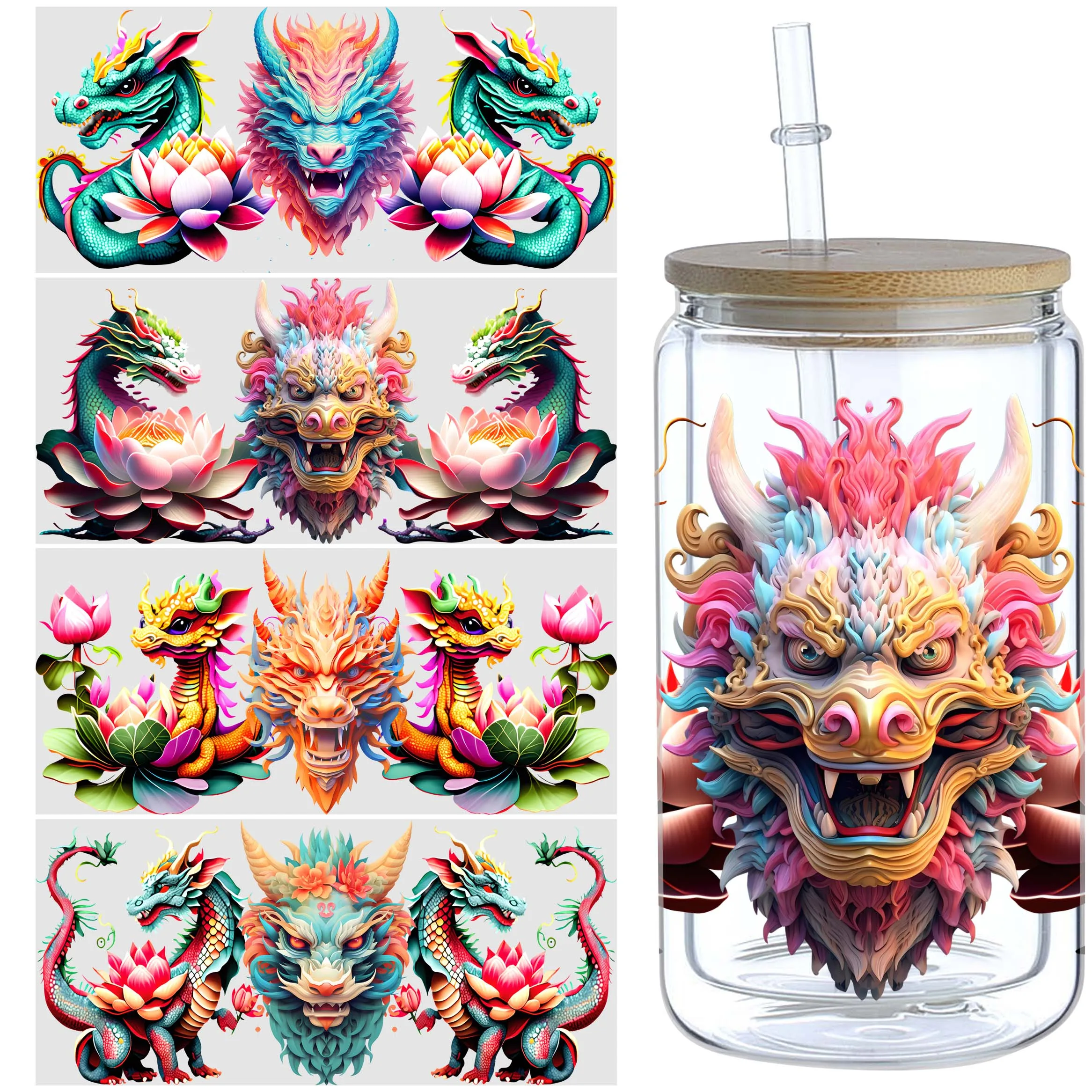 Chinese Dragon UV DTF Cup Holder 5 sheets 16 oz Dragon Head DTF Cup Holder Transfer Glass Water Bottle Waterproof Sticker