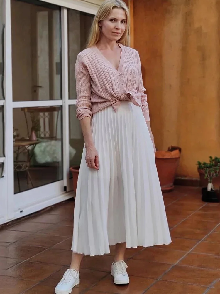 Brand Designer Women Spring Autumn Elegant Chic Solid Pleated - Main Image
