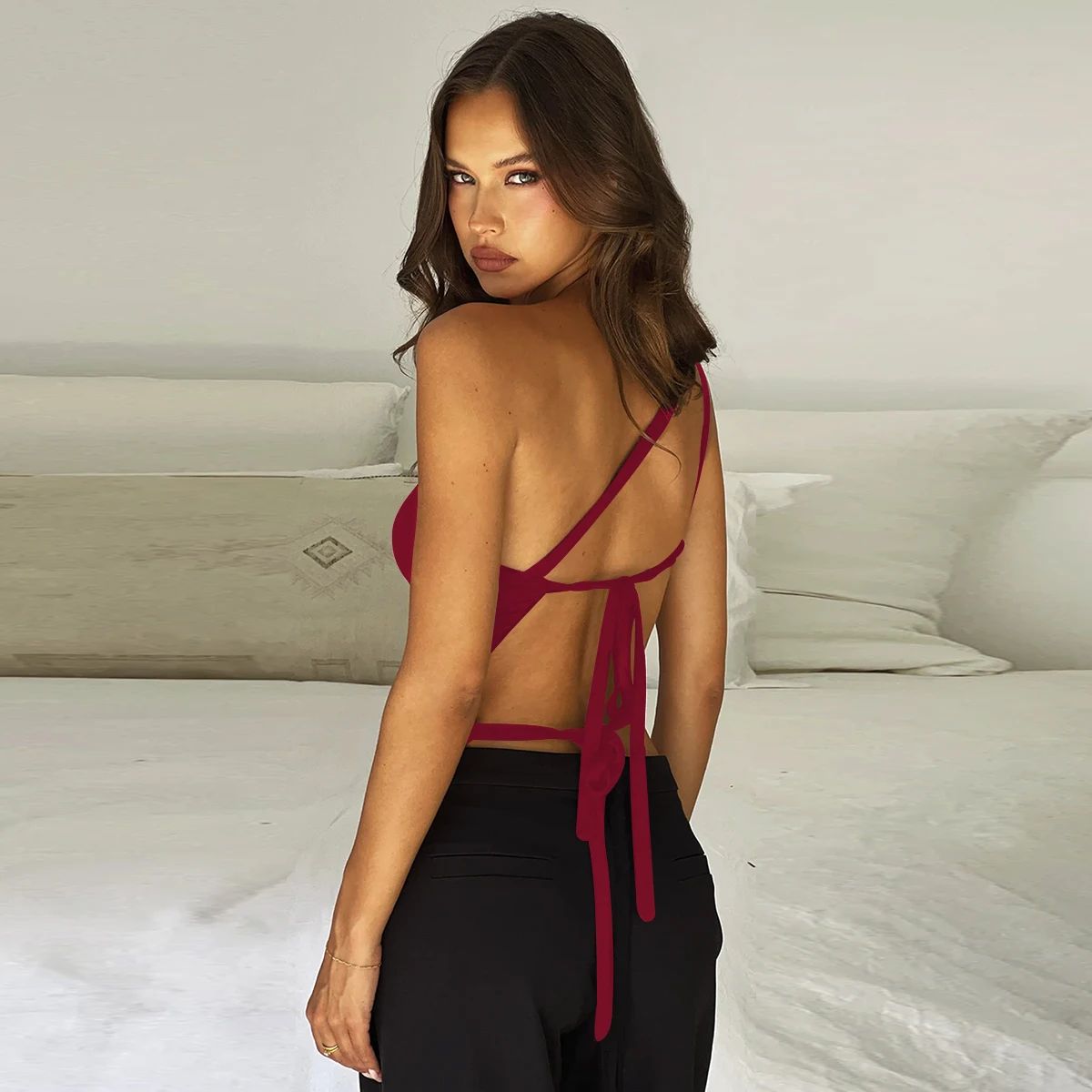 Sexy One Shoulder Off the Shoulder the Back Small Top 2024 Summer Solid Color Irregular Lace up Short Top 6