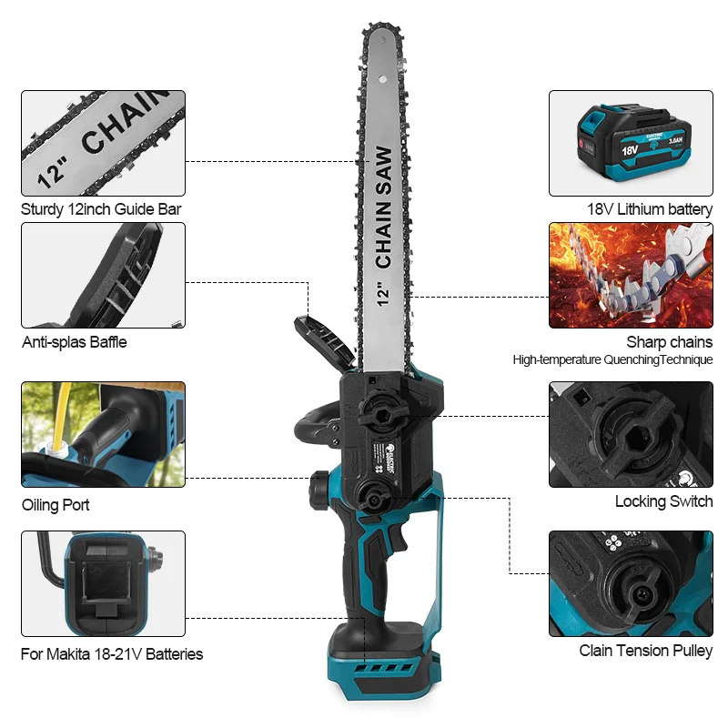 12Inch 7000RPM Brushless Electric Chain Saw 600W Cordless Handheld Chainsaw Graden Pruning Power Tool For Makita 18V Battery Pin 3