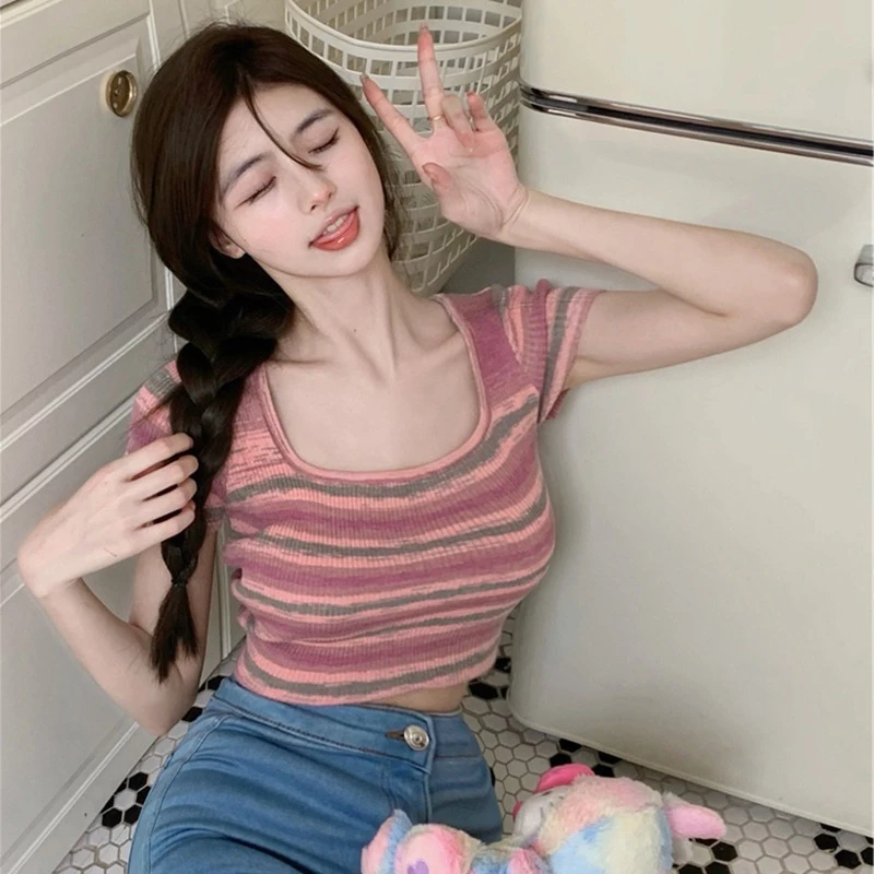 

New 2024 Stripe Knit Short Sleeve T-shirt Sweet Spicy Girl Exposing Umbilicus Square Neck Short Tops Y2K Summer Women Clothing