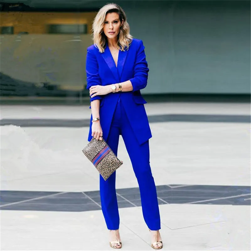 Spear Collar No Chest Pocket Single Row 1 Button Royal Blue Suits Women Jacket trousers Female Ladies Blazers Pants