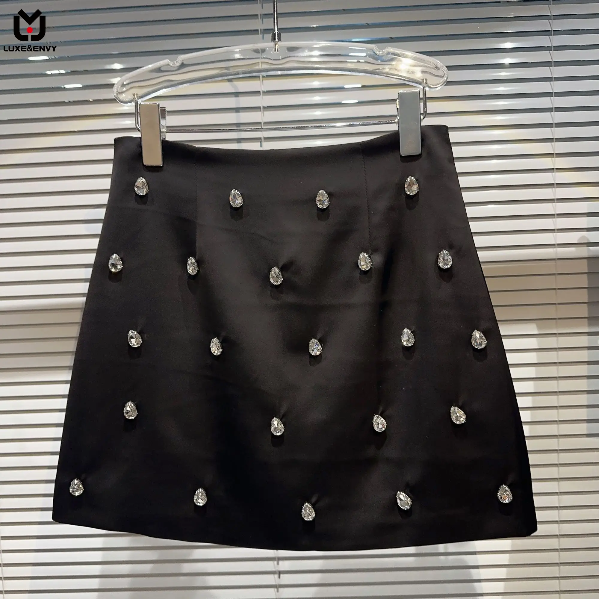

LUXE&ENVY Netizen Same Style 2023 Summer New Water Drop Diamond Studded Beads Dark Spicy Girl Silky Cotton A-line Skirt