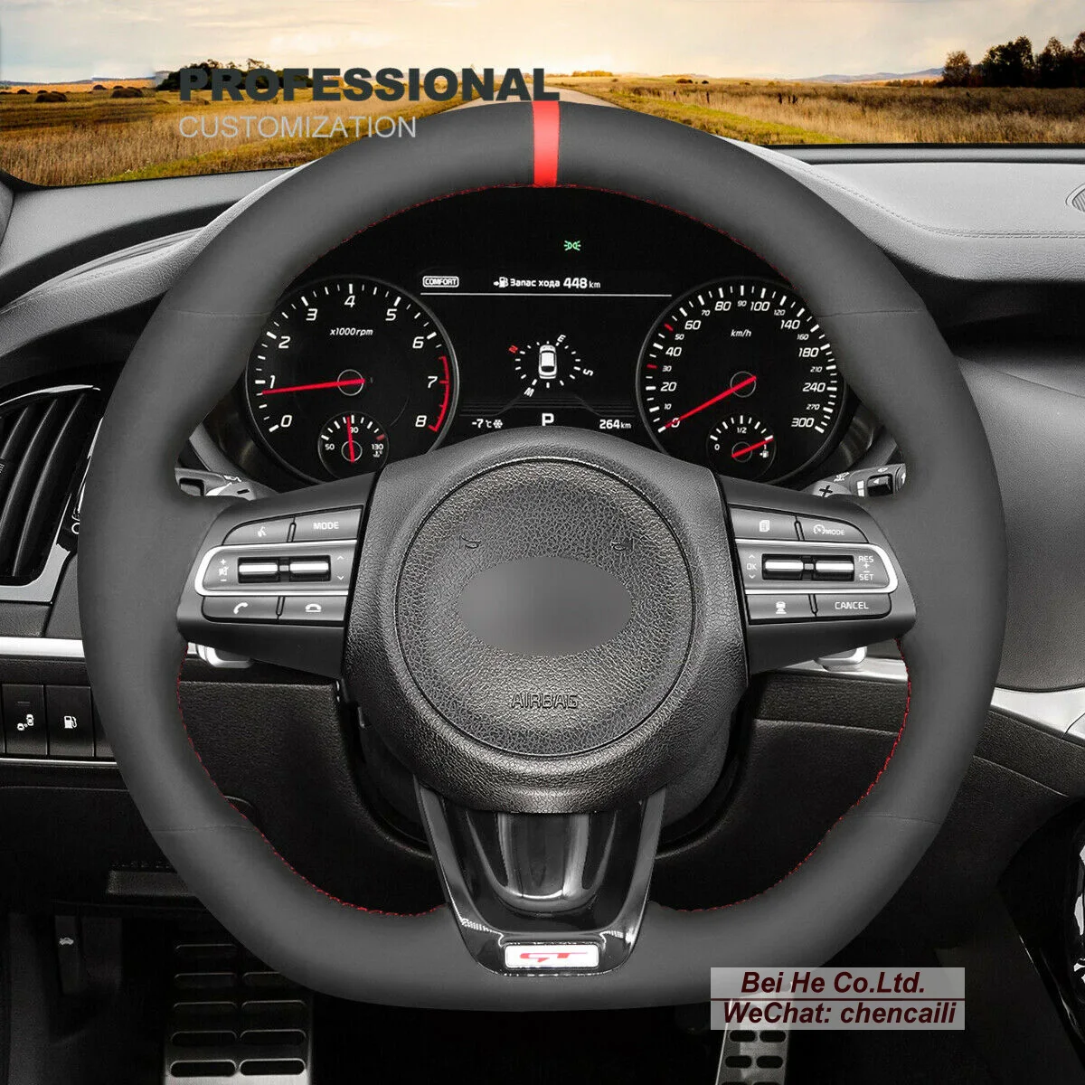 

Hand Sew Non-slip Black Leather Suede Car Steering Wheel Cover For Kia Stinger GT 2018-2021 Interior Accessories