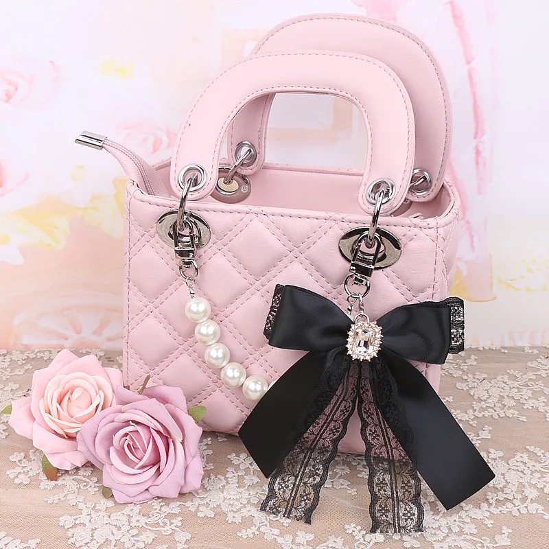 Handmade Japanese Style Lace Rhinestone Big Bow Stringed Pearls Handbag Pendant Sweet Cute Female Lace Bowknot Bag Charms