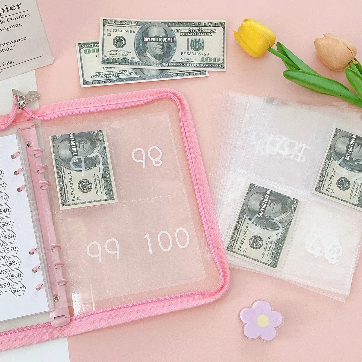 100 봉투 저축 챌린지 A5 바인더, 100 봉투 저축 챌린지 저널, PVC 예산바인더, 현금 봉투 포함