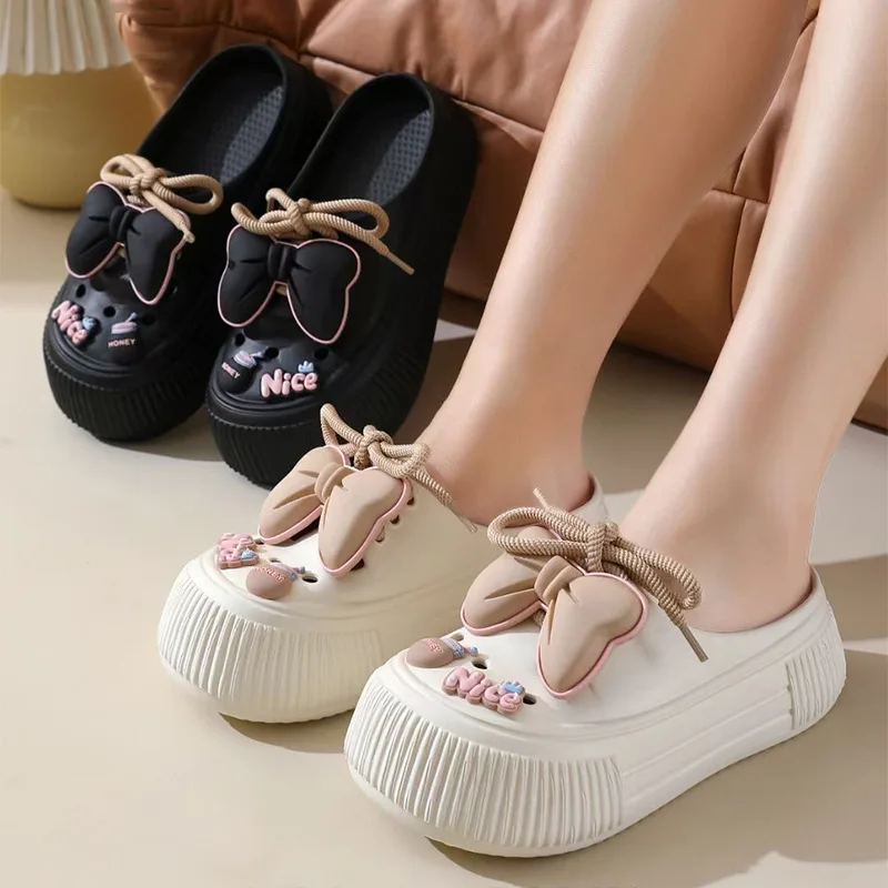 New Summer Women's Hole Shoes Cute Bow Thick Sole Anti Slip Resistant Women's Baotou Slippers for Home Outdoor Garden Shoes