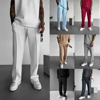 New men’s casual pants, stylish and comfortable elastic waist drawstring single-line pleated solid color pocket mops pants