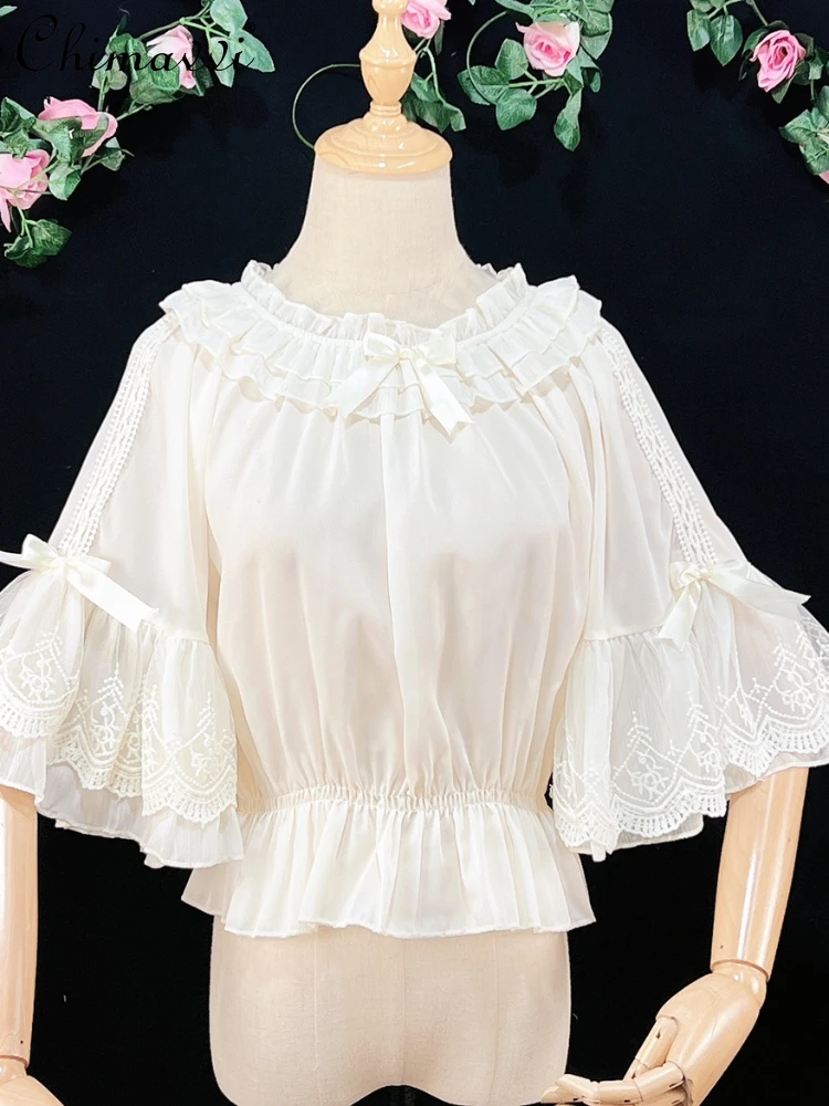 

Fashion Lolita Solid Color round-Neck Flared Sleeves Women's Blouse 2023 Summer Japanese Sweet Bow Ruffled Lace Pleated Shirts