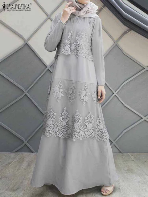  - 2023 ZANZEA Elegant Spring Long Sleeve Patchwork Sundress Abaya Turkey Hijab Dress Caftan Women Muslim Lace Crochet Maxi Dress