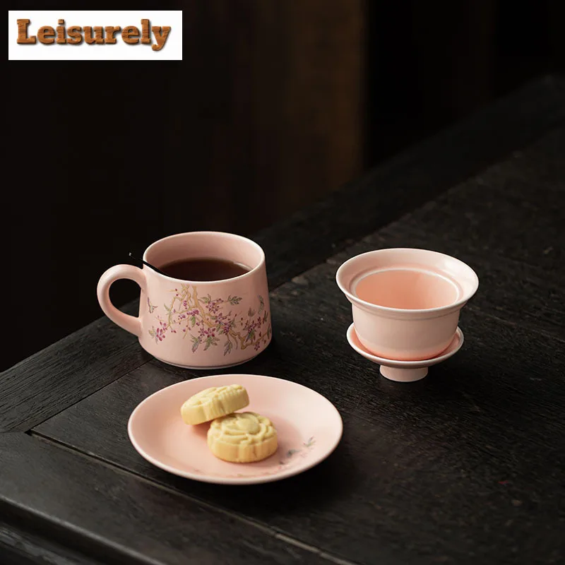 230ml Pink Glaze Wisteria Flower Filter Tea Separator Cup Ancient Tea Mug With Infuser Tea Soaking Office Water Cup Teaset Craft