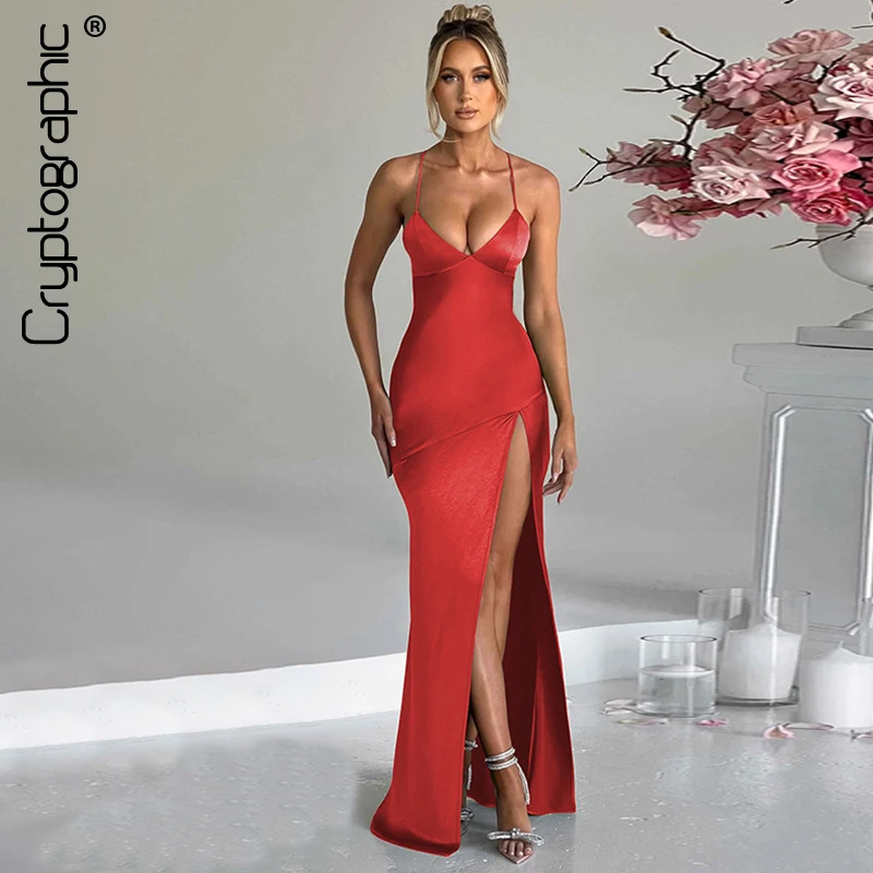 

Cryptographic Spaghetti Strap Slip Maxi Dress Club Outfits for Women Split Sexy Backless Bandage Elegant Sexy Gown Dresses New