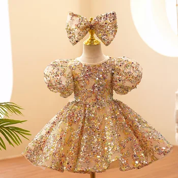 Child Girls Evening Dresses Champagne Gold Luxury 2023 Birthday Party Gown Sequin Pageant Formal Dress Teen Wedding Prom Frock 1