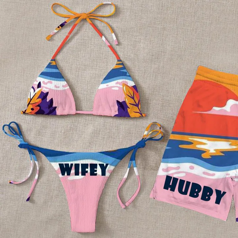 Hubby Wifey 3D Printed Summer Men Shorts For Women Bikini Couple Matching Beach Shorts