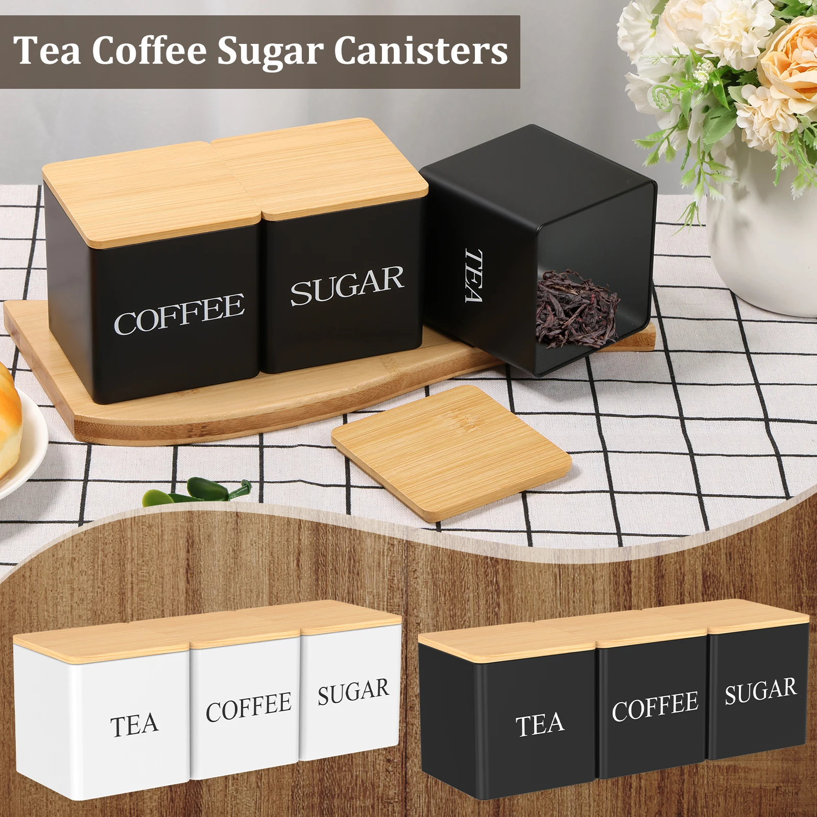 Coffee Storage Jars Set - 3Pcs Metal Containers with Bamboo Lids for Beans Sugar and Tea