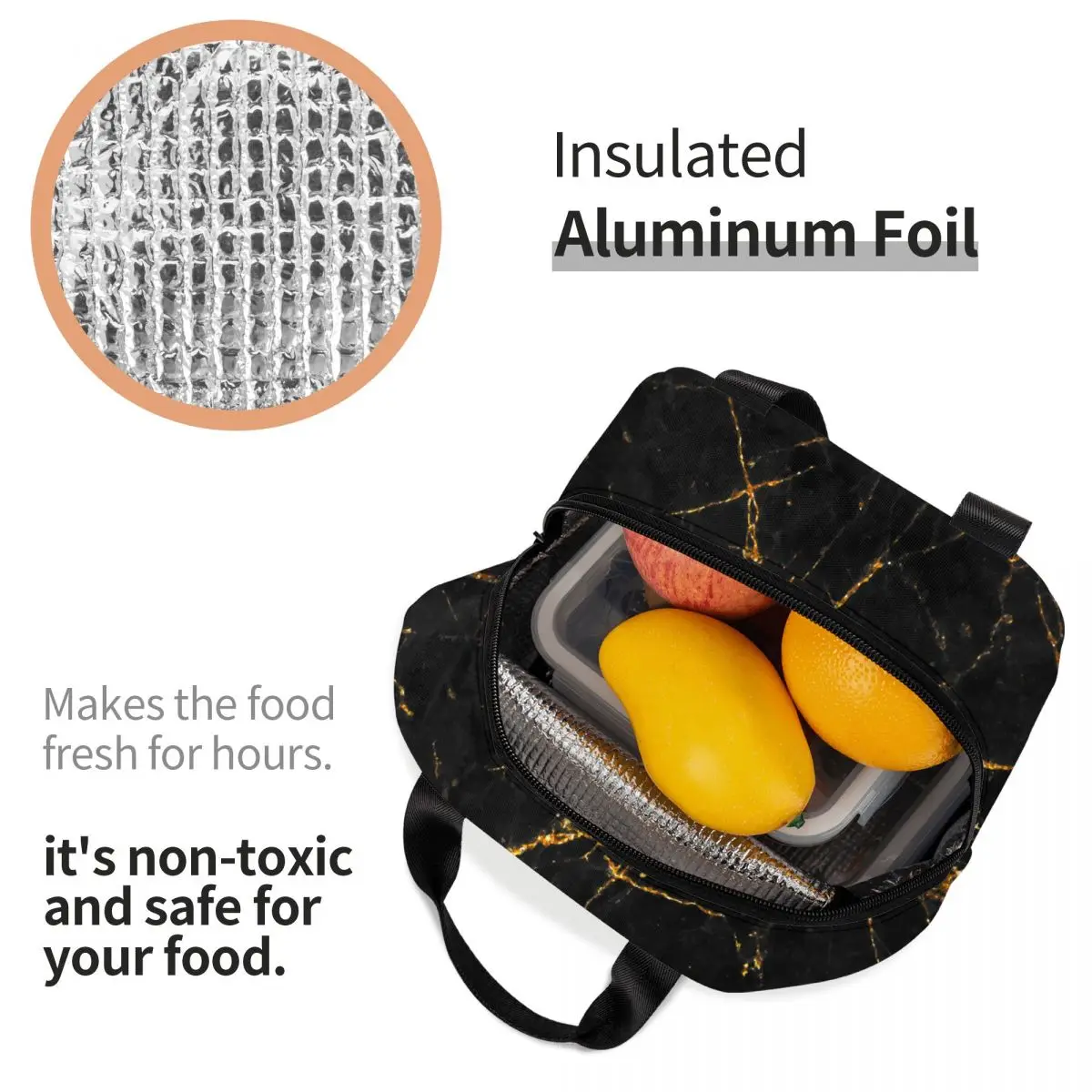 Black Gold Marble Lunch Bag Waterproof Insulated Canvas Cooler Modern Thermal Food Picnic Lunch Box for Women Girl