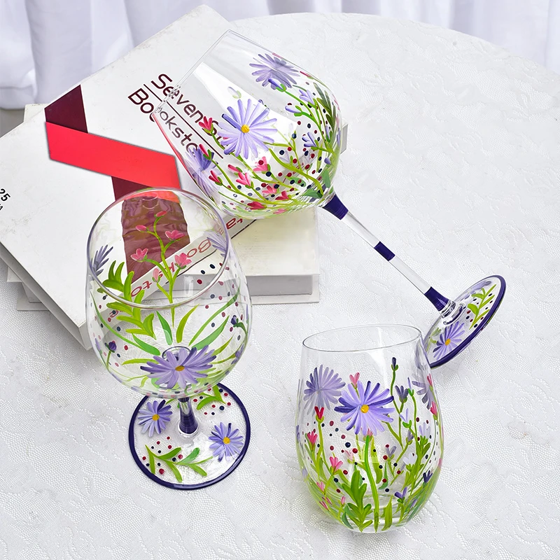 

Creative Painted Goblet Wine Glass, Red Wine Glass Cup, Home, Living Room, Plant Pattern, Niche