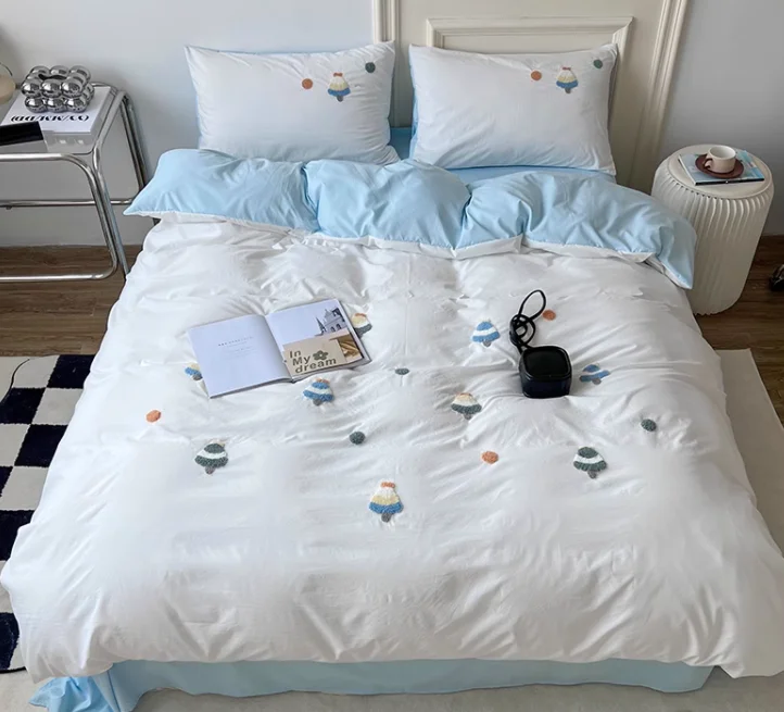 Juste de couette en coton lavé de couleur unie, draps de lit, littérature de dessin animé, 4 pièces