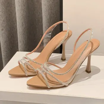 Women Summer Rhinestone Slingback Pumps Office Lady Transparent Heeled Sandals Elegant Pointed Toe Female Sexy High Heels 1