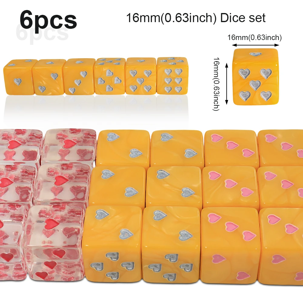 6-sided dice with small hearts for board games classroom math recreational game dice 6pcs