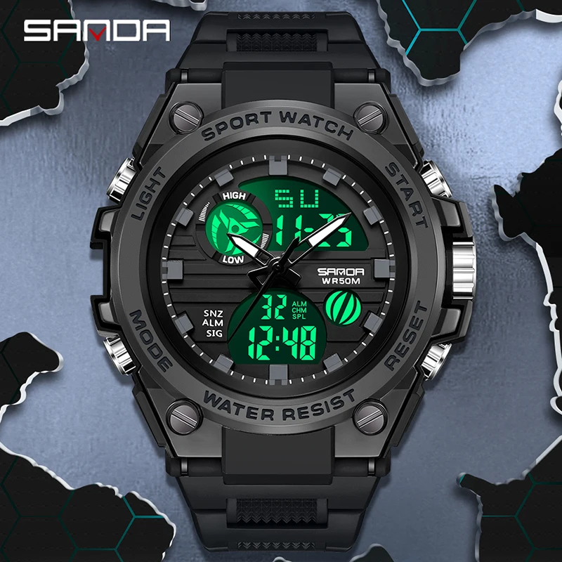 

SANDA Brand Sport Watch Men Quartz Wristwatches Waterproof Dual Time Display Military Army Green Male Clock 9011 Mens Watches