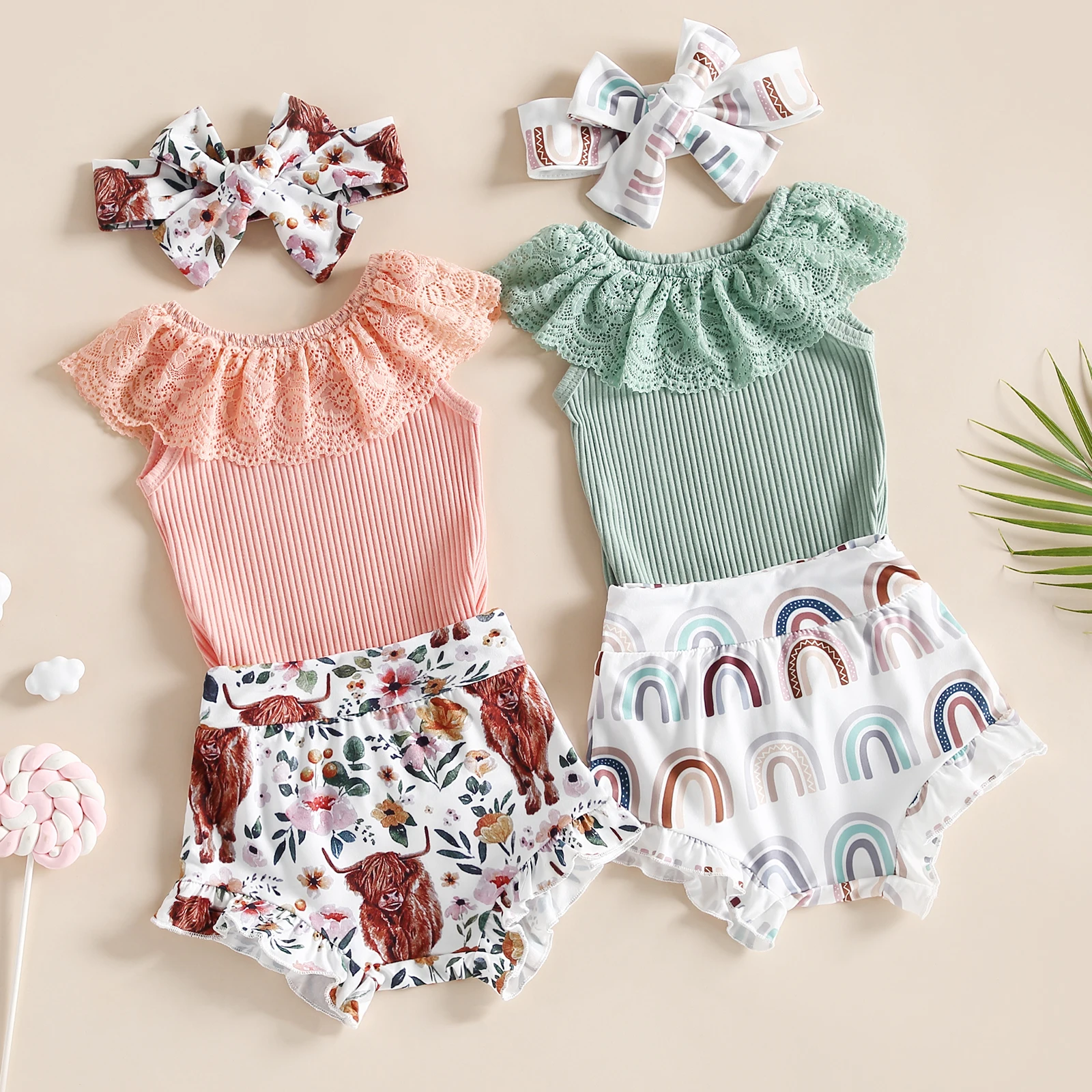 

0-18M Baby Girls Shorts Set Sleeveless Lace Patchwork Romper with Cow/Rainbow Print Shorts Hairband Boys Outfit Set 3PCS