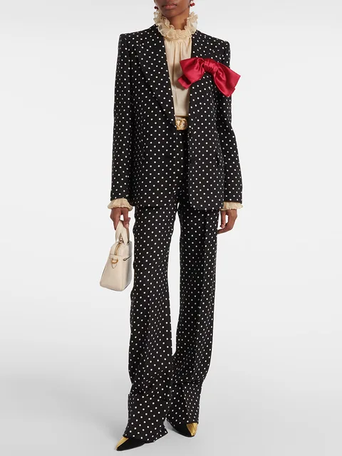 HIGH STREET Newest 2026 Designer Suit Women Bow Decorated Polka Dot Blazer Pants Set 2PCS