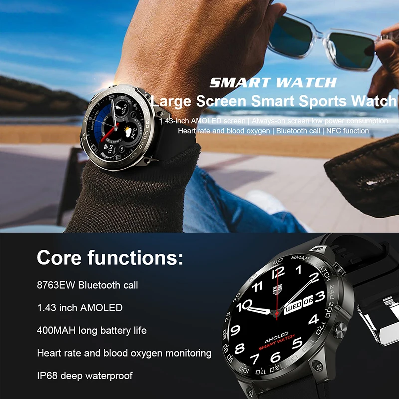 Relojes inteligentes para hombres, 1.43 pulgadas AMOLED reloj inteligente  con llamada de voz Bluetooth con frecuencia cardíaca SpO2 monitor de sueño