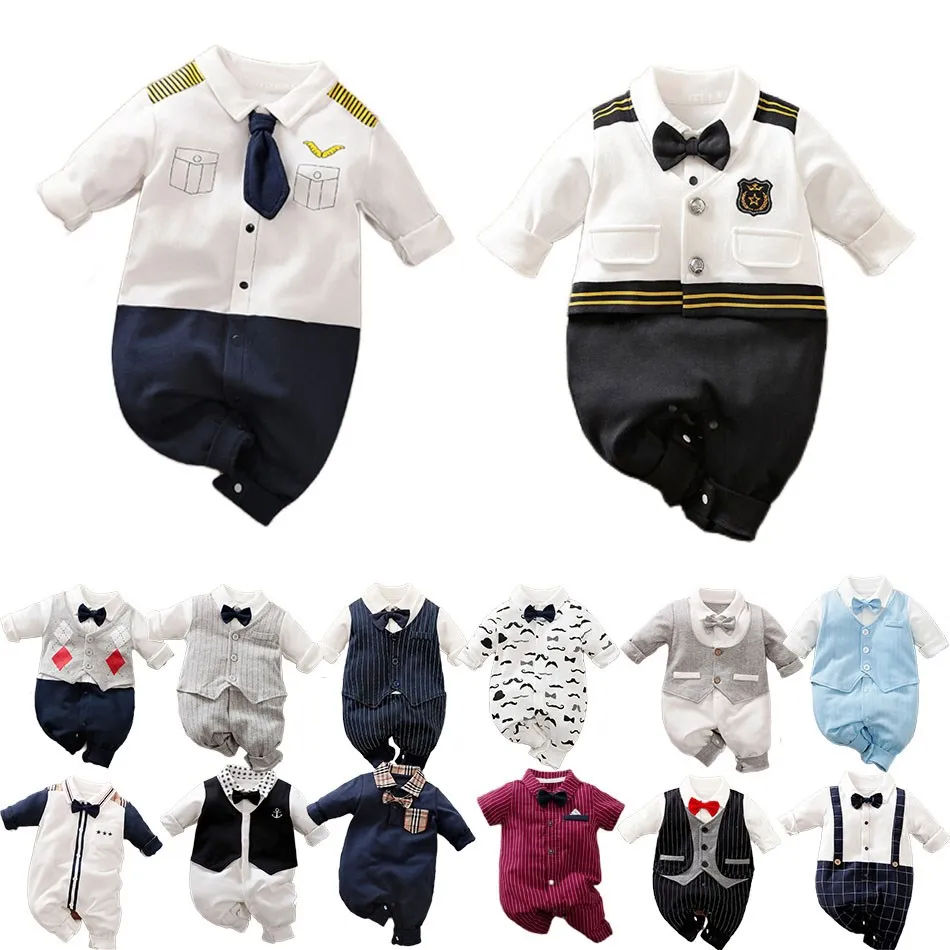 

0-18 Months Toddle Baby Boys Romper Infant Long Sleeve Baby Boys Jumpsuit Gentleman Bow Tie Wedding Party Clothes Bebe Costume