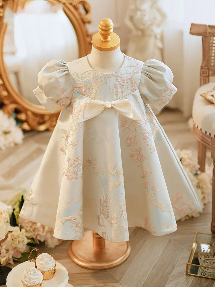 

Party Dress for Girl 2024 Baby Clothes Luxurious Dresses Children Printed with Bow Ball Gowns for Baptism Infant Vintage Evening