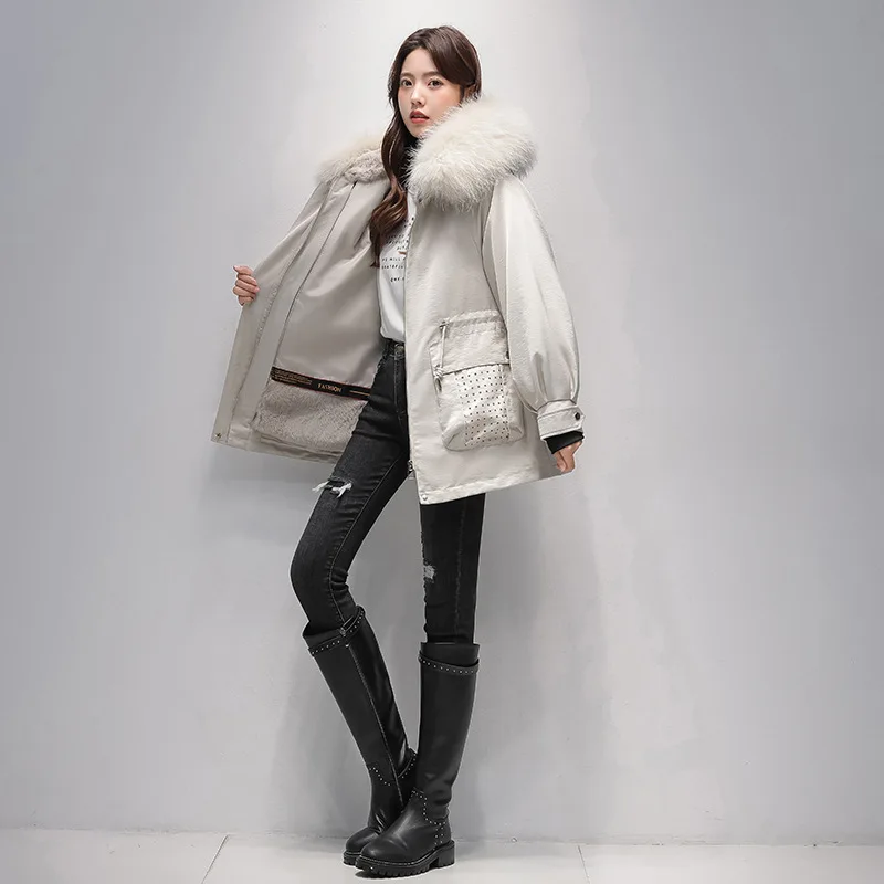 

Новинка зимы 2023, черное, хаки, бежевое пальто с лисьим мехом, отстегивающееся, с кроличьим мехом