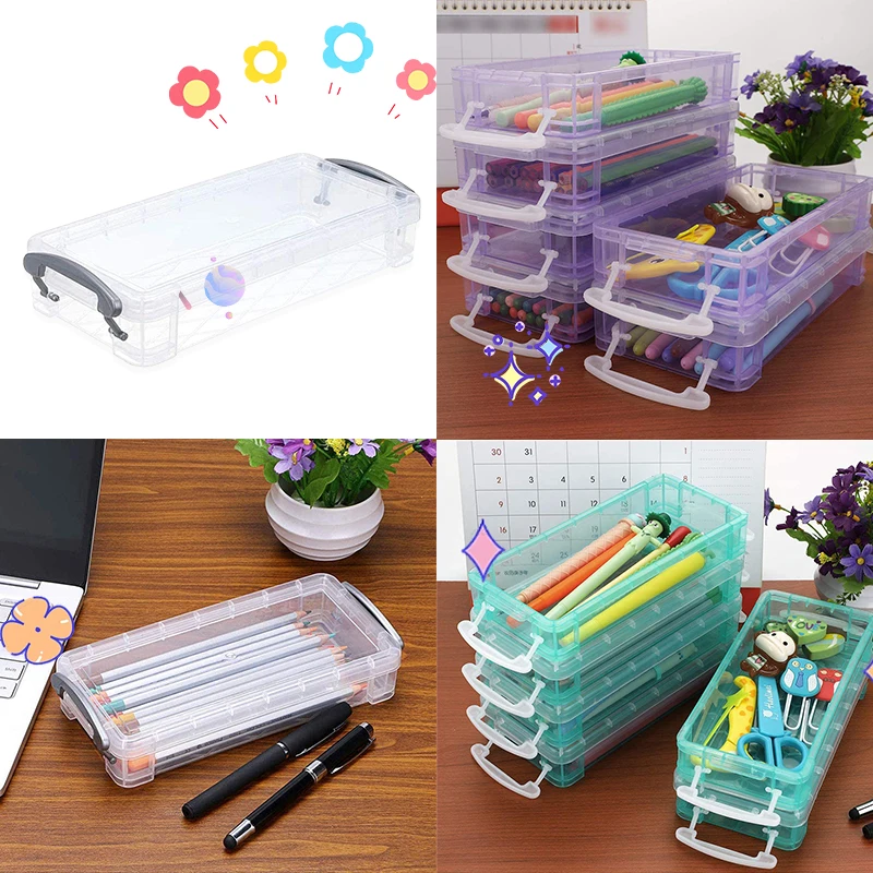 Transparent Storage Box Pencil Case Multi-function Desktop Stationery Organizer Art Stickers Classification Container 5pcs storage box pencil case desk organizer transparent storage box storage organizer