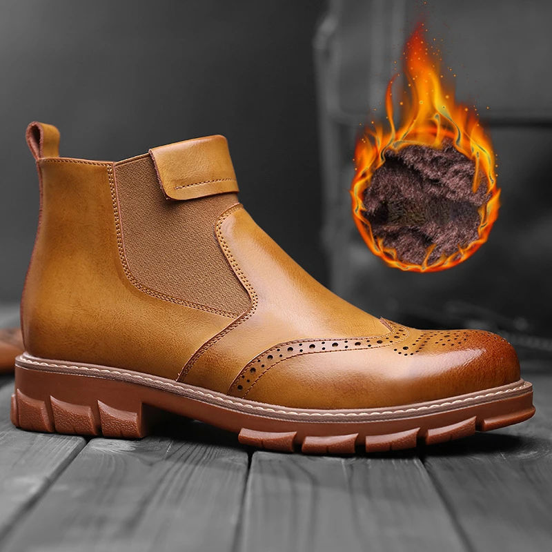 Botas Chelsea de piel auténtica para hombre, botines clásicos de diseñador de marca, algodón de felpa, mantiene el calor, británico, Invierno