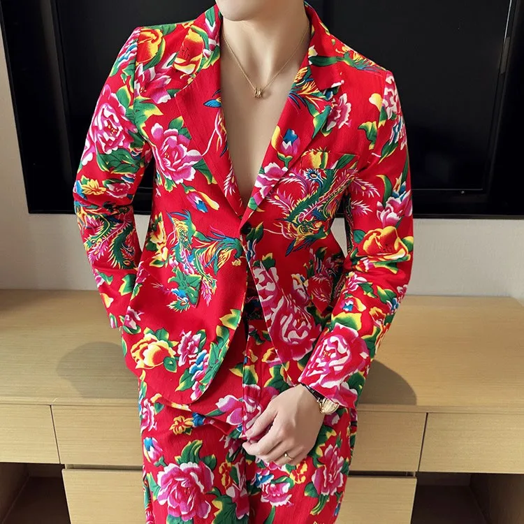 Mens Long Sleeve Button Floral Printed Suit Coat, Men's V-Neck Single Button Red Nostalgic Style Long Sleeve Coat