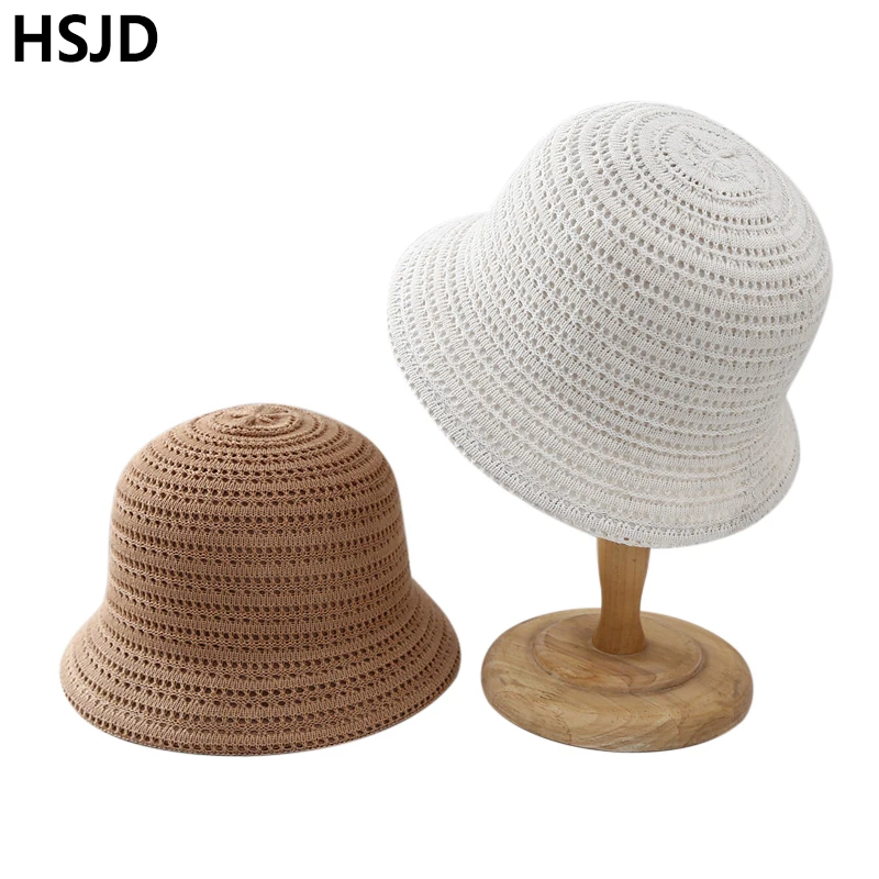 

2023 New Solid Color Dome Crochet Hollow Out Bucket Hats For Women Wide Brim Foldable Spring Autumn Korea Knit Fisherman Hat