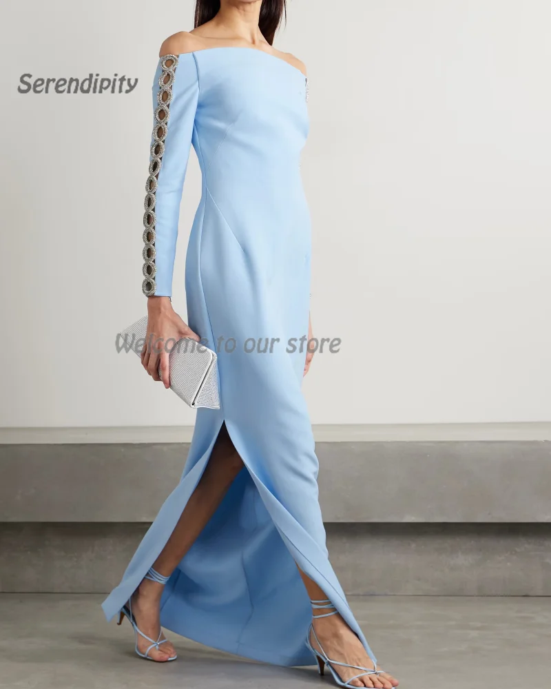 

Serendipity Trumpet Ankle-Length Elegant Off The Shoulder Crystal-embellishe Satin Sky Blue Prom Gown For Sexy Women 2024