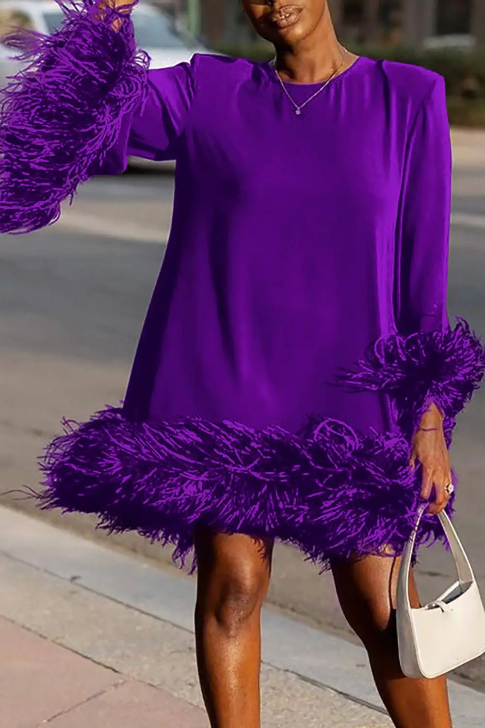 Vestido de fiesta mini de plumas con mangas acampanadas y cuello redondo, informal, holgado, liso, para primavera y otoño