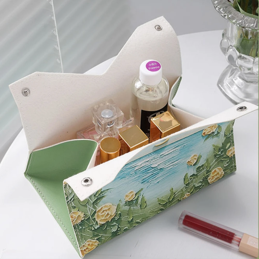 Oil Painting Tissue Storage Box PU Leather Napkin Holder Home Living Toilet Paper Case Creative Kitchen Tissue Organizer Boxes 4