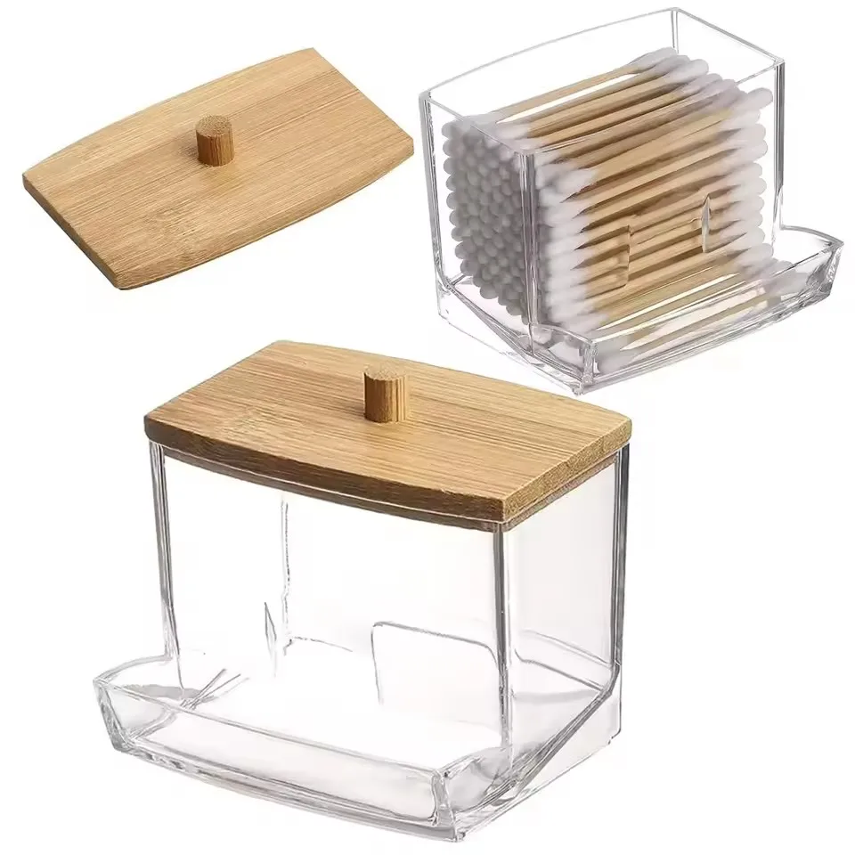 1Pcs Cotton Swab Holder, Cotton Swab Dispenser with Bamboo Lids,Bamboo Bathroom Storage Jars Storage Containers Clear Plastic 5