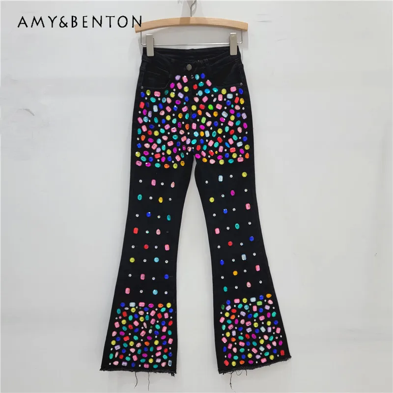 

2024 Spring New Fashion Design Denim Pants Heavy Diamonds Studded By Hand Beaded High Waist Slimming Stretch Skinny Jeans Female