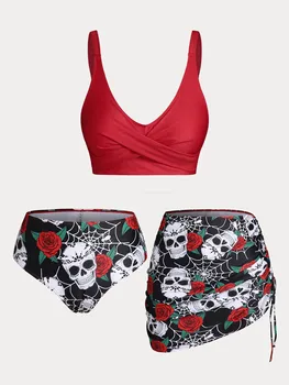 Plus Size Women's Plus Size & Curve Skull Rose Print Crossover Three Piece Bikini Swimsuits