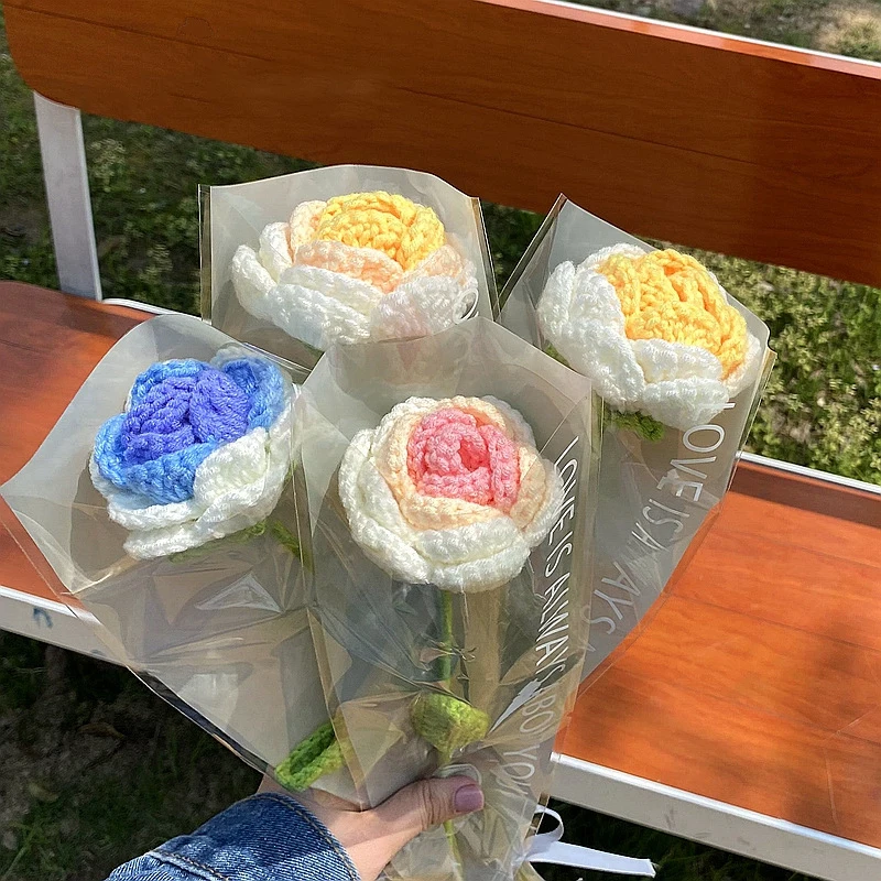 1pc Tulip Crochet Flowers Artificial Woven Flowers Handmade Tulipanes Wedding Gift for Guest Home Decoration Valentine's Gift 5